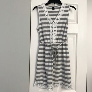 Grey/White Striped Sleeveless Dress with Lace Trim